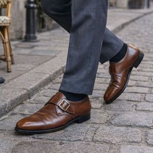 J.M.WESTON Brown Leather Monkstrap Buckle Dress Shoes   Mens Size 9